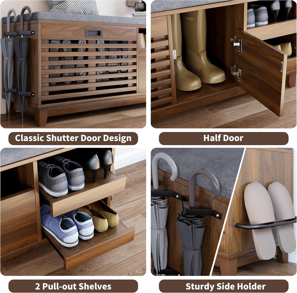 Loomie 47.2" Shoe Storage Bench with Flip Drawer, 2-Tier Entryway Bench