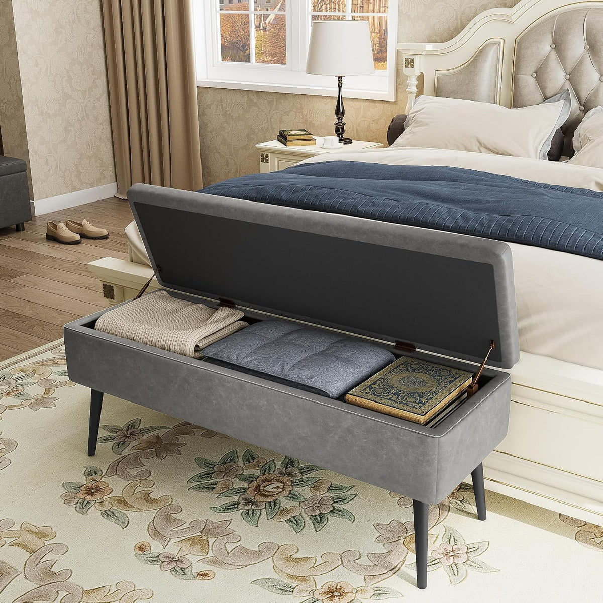 IDEALHOUSE Storage Ottoman Bench, Ottoman Foot Rest, Mid-Century Modern, Stitching and Synthetic Leather, Dual Safety Hinges, 670 LBS Load, End of Bed Bench for Bedroom, Living Room, Entryway, Grey