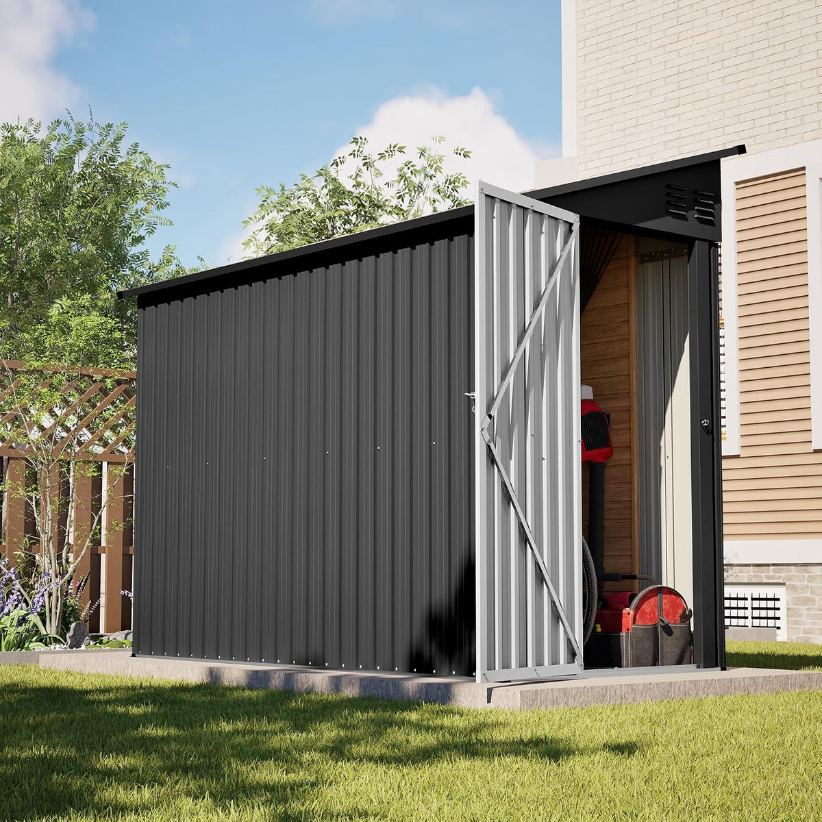 YOPTO 4×8 FT Lean-to Metal Shed with Steel Foundation Frame