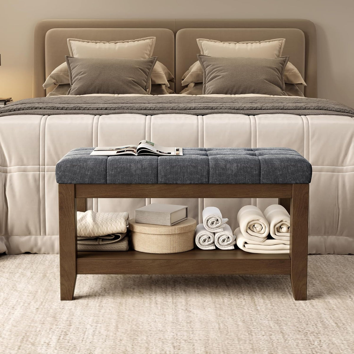 ABHENG Solid Rubber Wood Shoe Bench, Soft Chenille Material Upholstered Seat, 770LB Load Capacity, Multi-Storage for Entryway/Bedroom/Living Room, Vintage Style, 31.5"x15.7"x17.7", Dark Gray,UASND66G