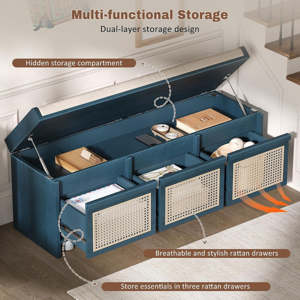 LUMISOL 48" Entryway Shoe Bench, Retro Storage Bench with Rattan Drawers...