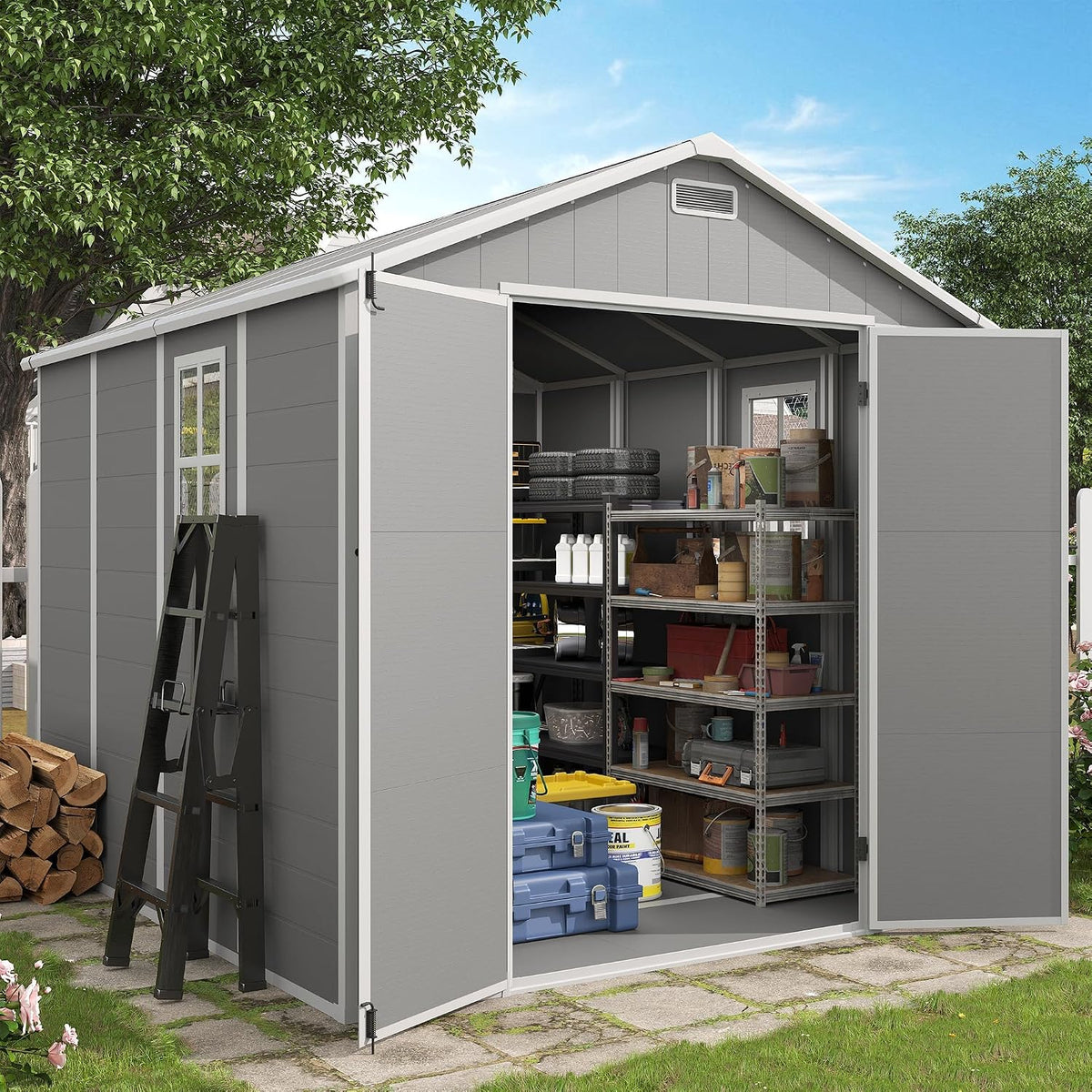 Amopatio 8x8 FT Storage Shed, Grey & White
