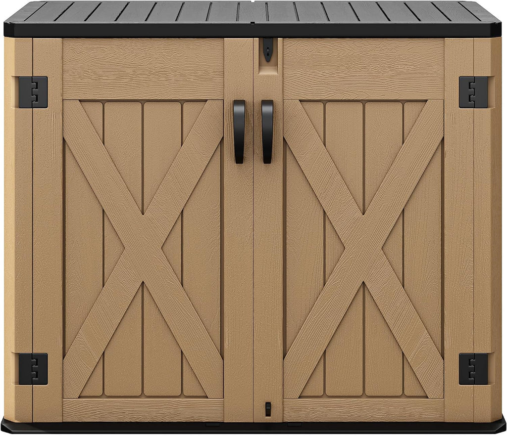 DWVO Outdoor Storage Shed, Weatherproof Resin, 35 Cu Ft Capacity, Horizontal Design, X-Shaped Lockable Door, Suitable for Bike, Garden Tools, Trash Cans, Brown