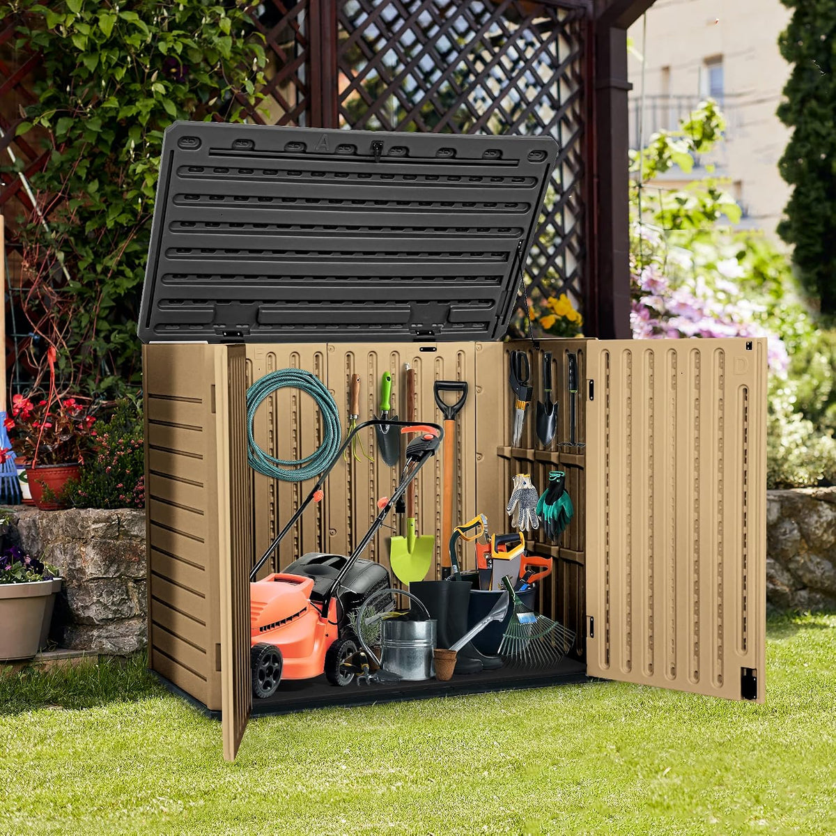 YITAHOME Outdoor Resin Storage Sheds, 39 in Height Lockable Waterproof Horizontal Shed w/o Shelf, Easy to Assemble Shed Storage for Garden Tools, Brown