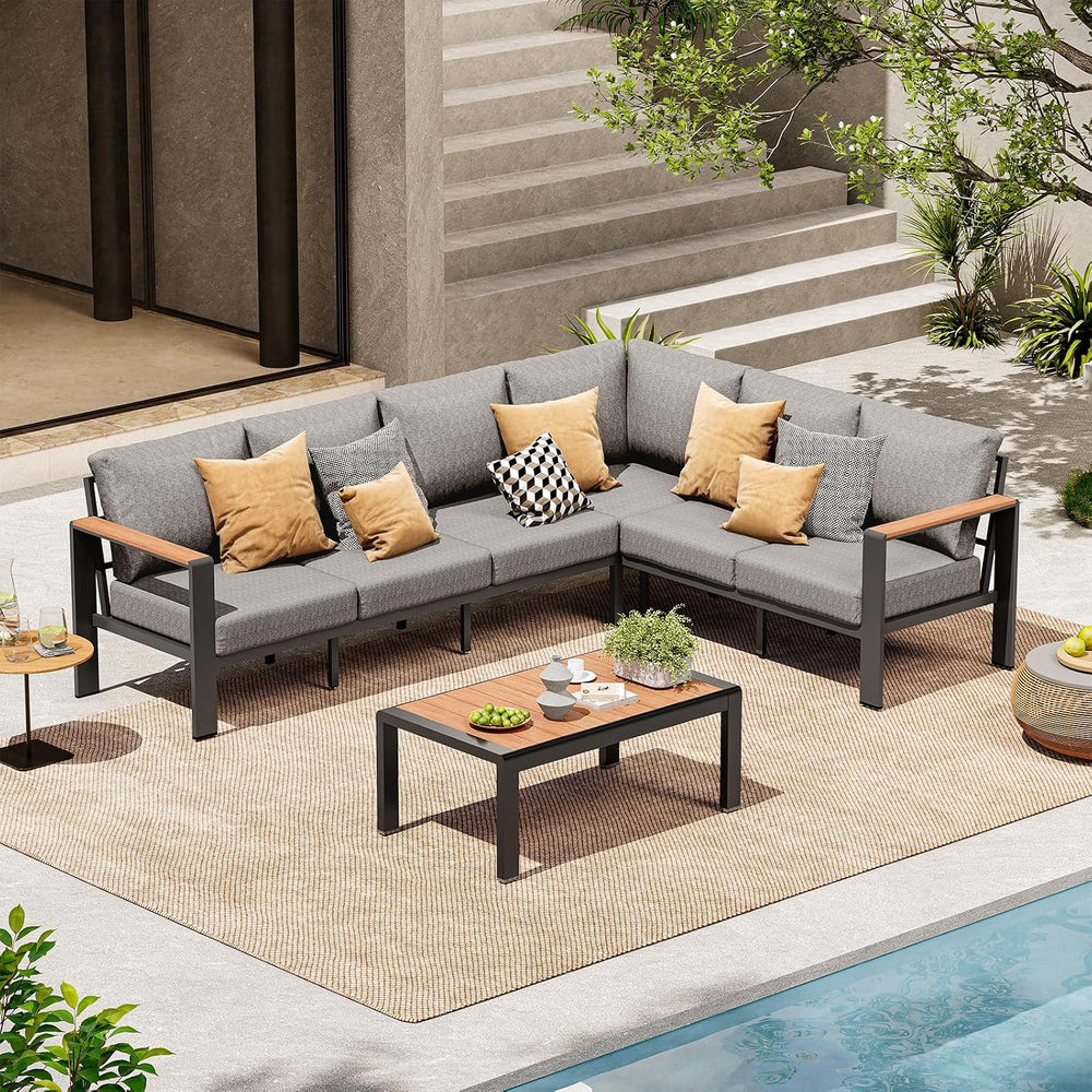 Aluminum Outdoor Patio Furniture Set 6 Seats, Outdoor Sectional Corner Sofa w...