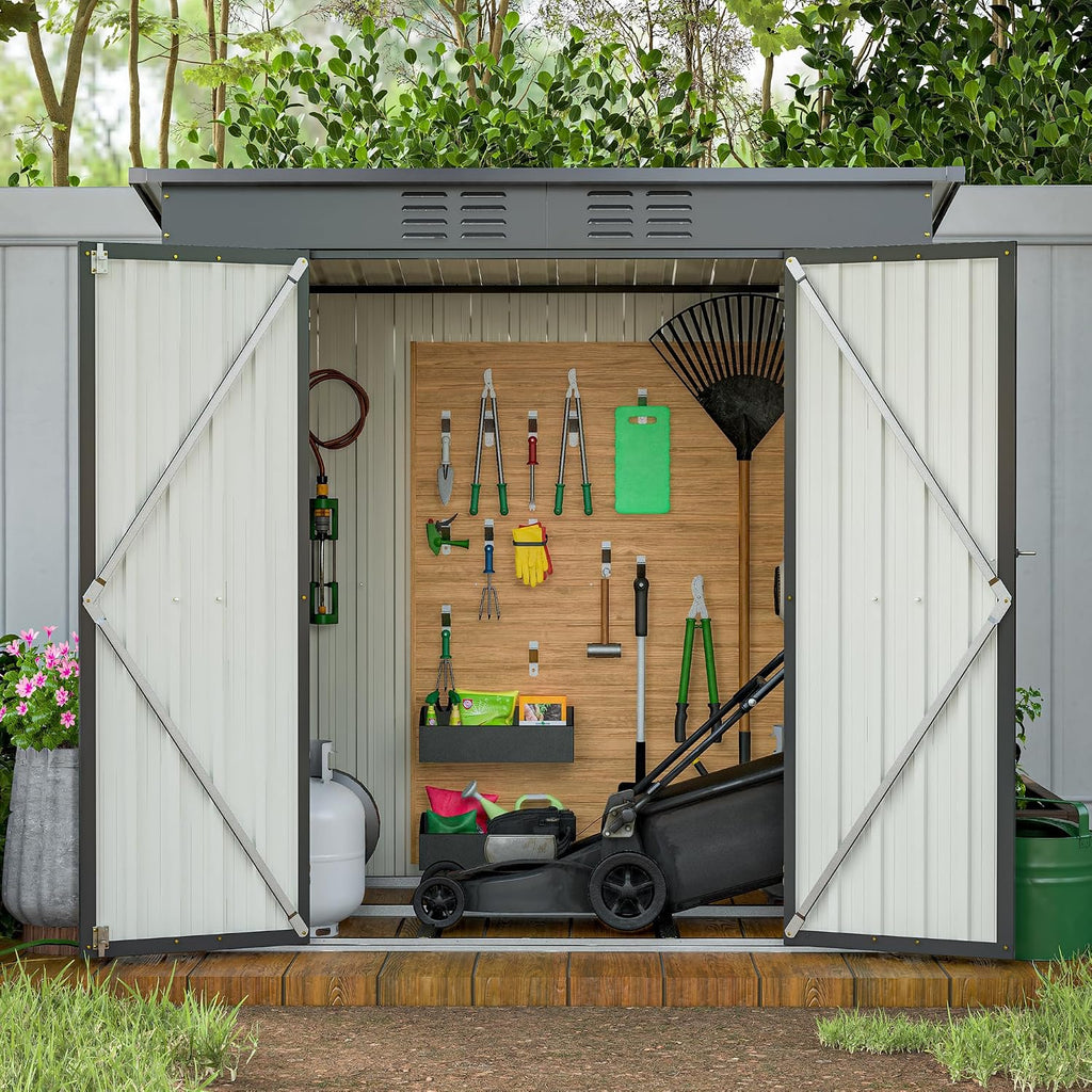 6x4 FT Galvanized Steel Garden Sheds with Ventilation and Sloped Roof, Metal Storage Locker Includes A Lock,Key & Hinged Doors,2 Pairs of Gloves,for Tool,Equipment,Black