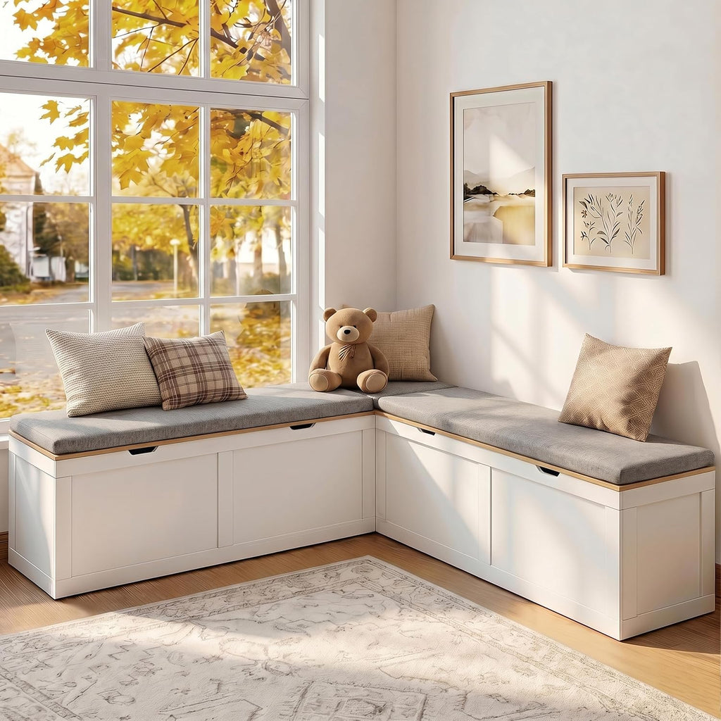 Mangodan 63” Breakfast Nook Bench, L Shaped Storage Bench with Cushion, Oak
