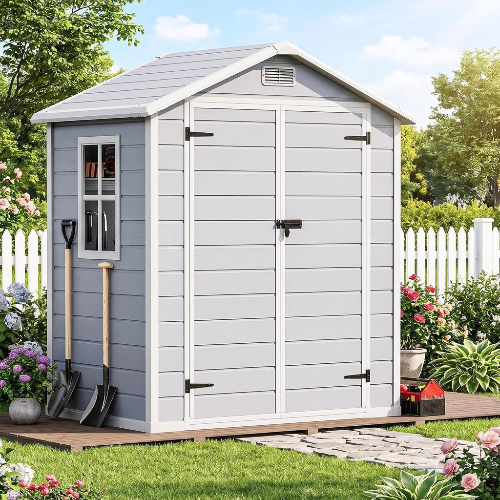 DWVO 6X4FT Resin Outdoor Storage Shed with Floor, Window & Vents, Tool Shed