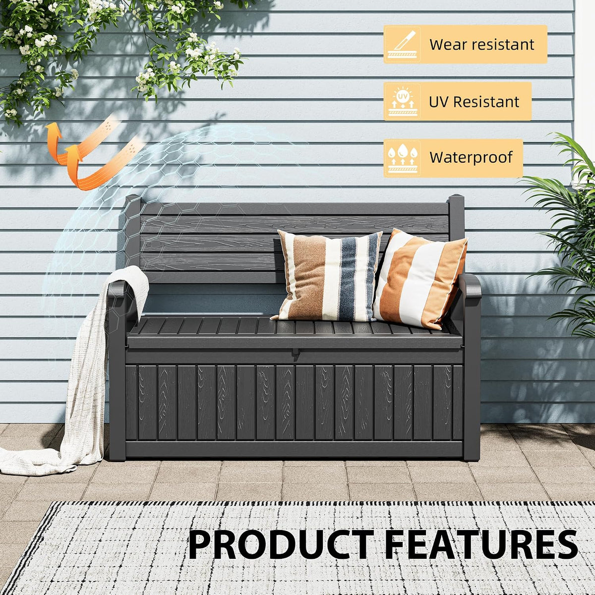 80 gallon lockable deck bench with storage, resin showing dimensions