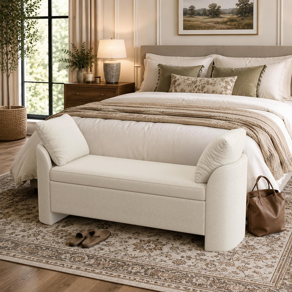 Usaint 58.3" Upholstered Storage Ottoman Bench with 2 Throw Pillows, Beige
