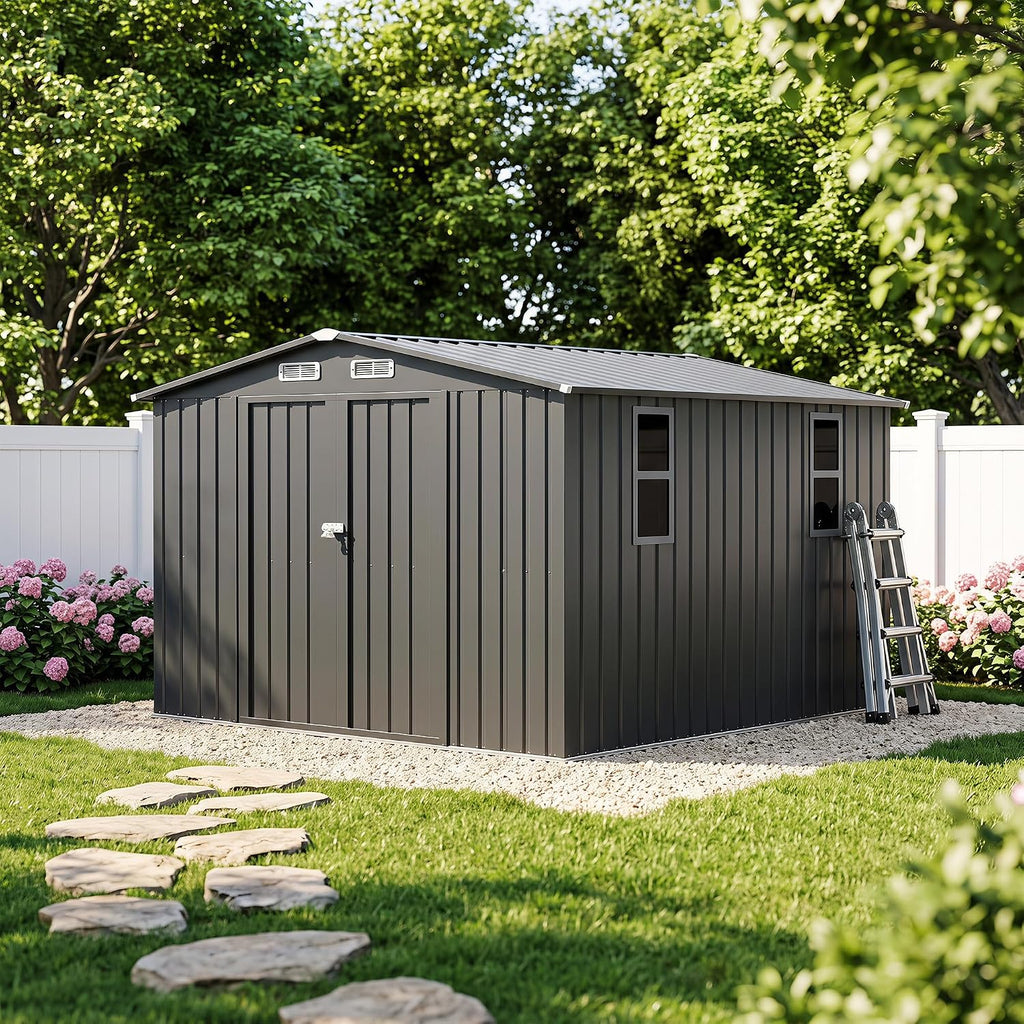 LAUSAINT HOME 10 x 10 FT Outdoor Storage Shed with Windows, Heavy Duty Galvanized Steel Storage Shed with Double Lockable Doors, Gable Roof & Air Vent for Backyard & Patio, Black