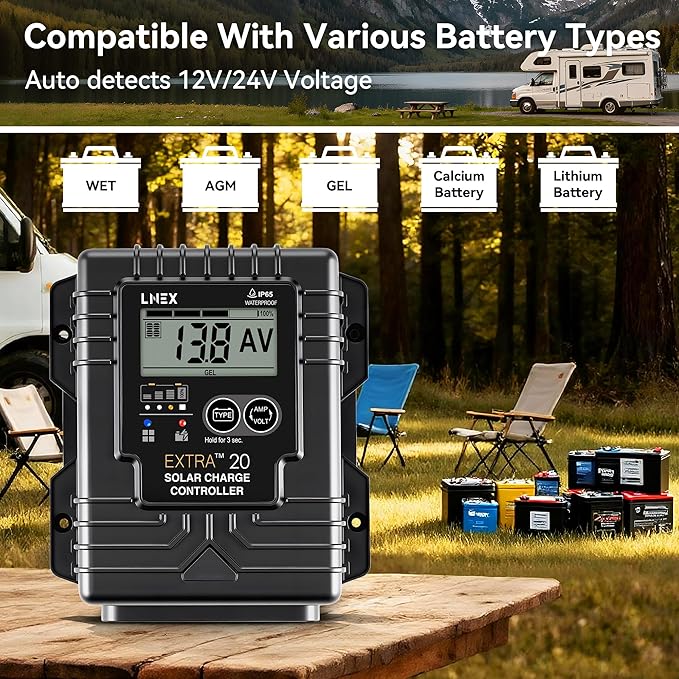 LNEX Solar Charge Controller Waterproof, 20A Solar Panel Regulator