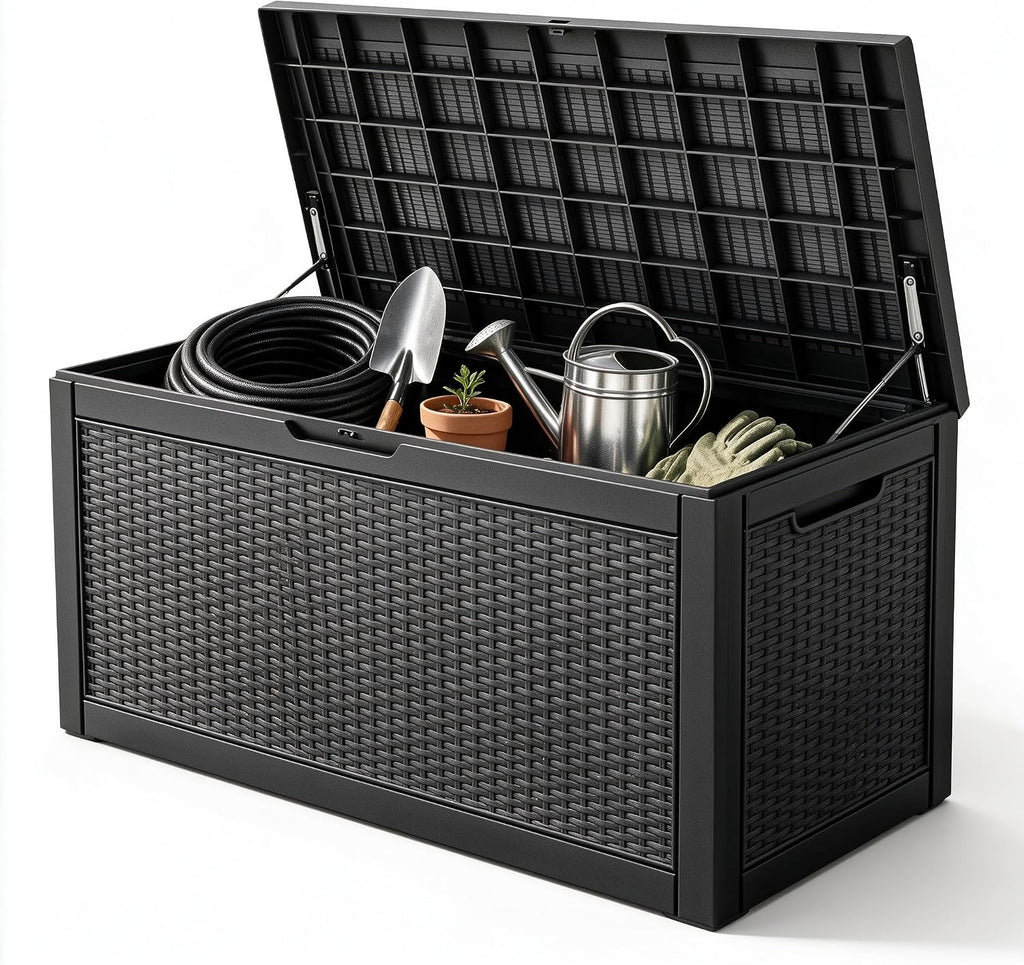130 Gallon Deck Box,Lockable Outdoor Storage Box Gas Lift,Waterproof,Black