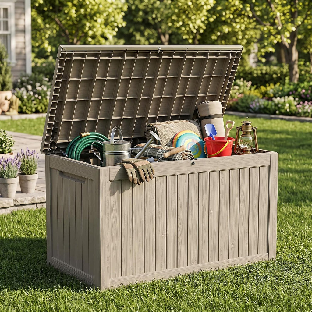 270 Gallon Outdoor Storage Box Waterproof, Lockable Resin Deck Box Large Storage Bin for Patio Furniture Cushion, Garden Tools, Pool Accessories, UV-Resistant Outside Delivery, Gray