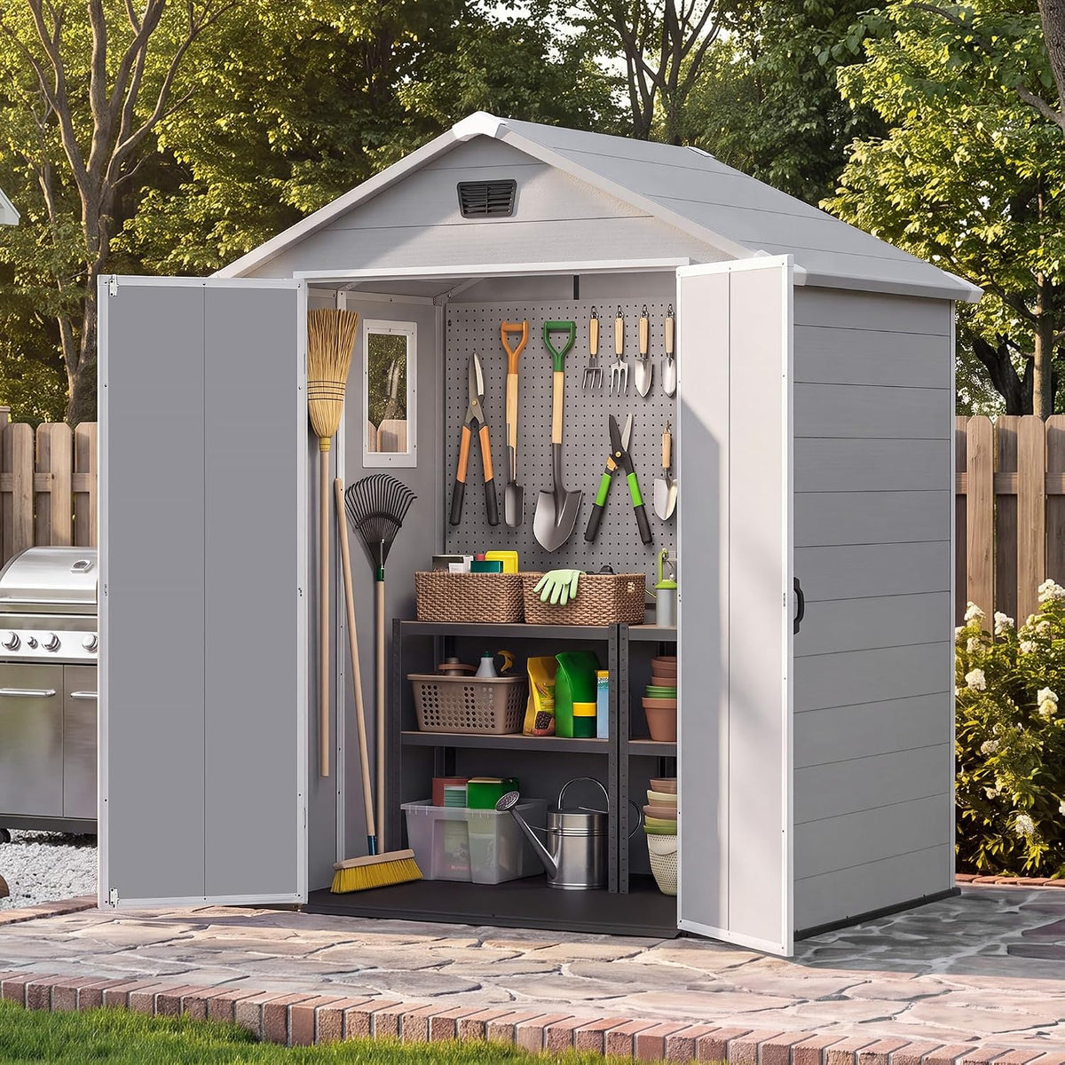 Devoko 6X4 FT Plastic Outdoor Storage Shed with Floor, Light Grey