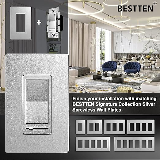 BESTTEN 5 Pack Matte Silver Dimmer Light Switch, Single Pole or 3-Way,