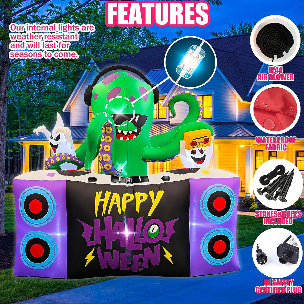 BLOWOUT FUN 6FT Halloween Inflatables DJ Octopus Playing Music on Turntable