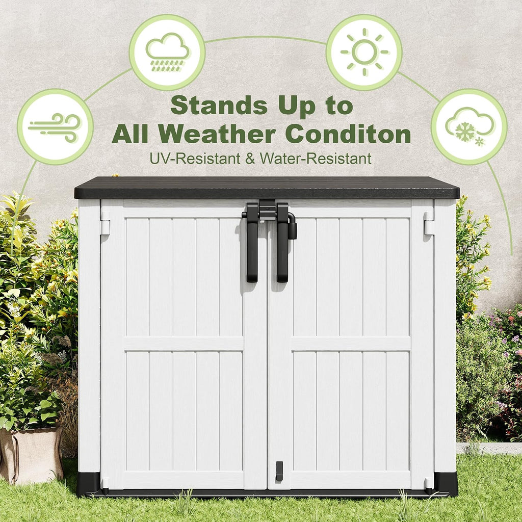 plastic outdoor storage shed, 36 cu ft waterproof shown in use