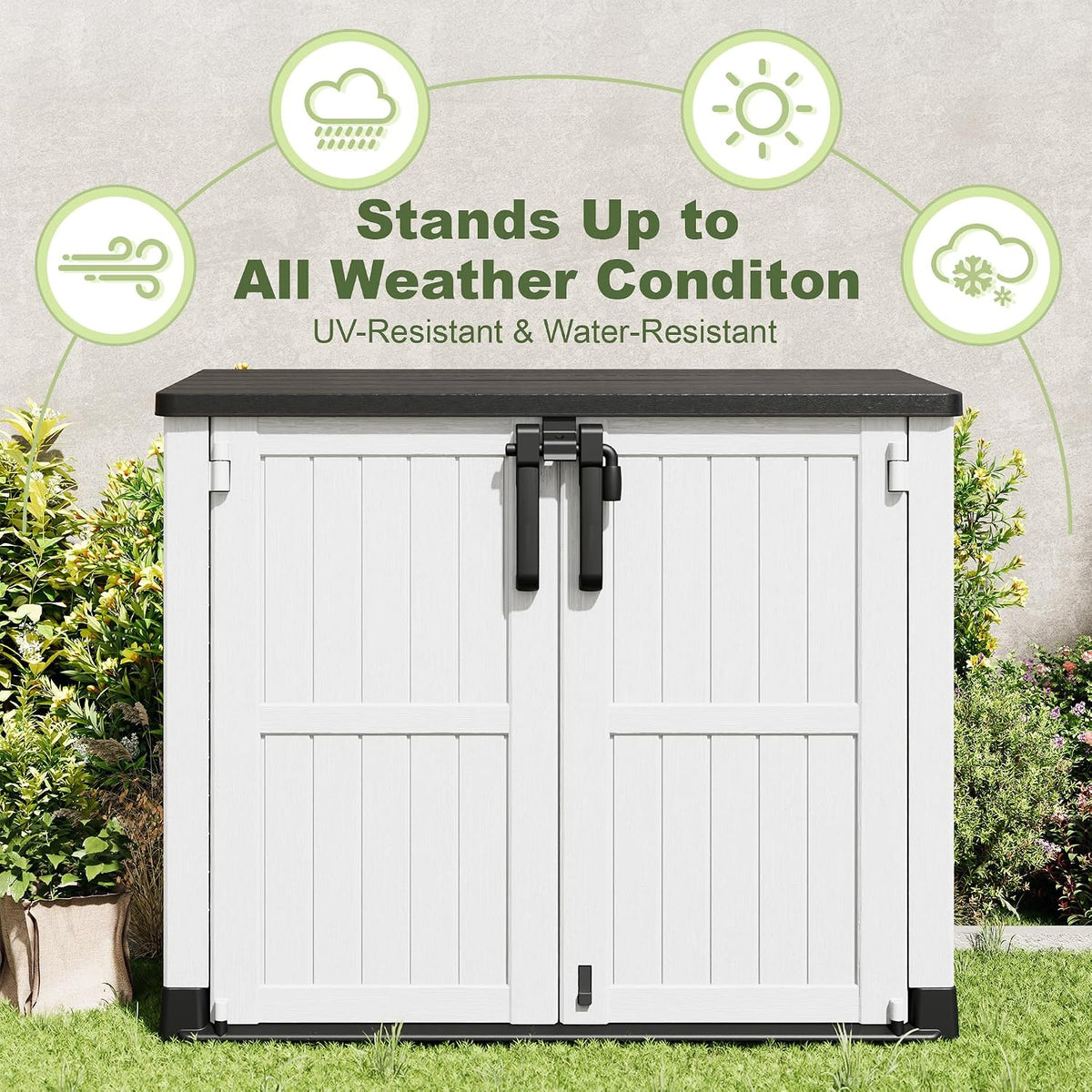 plastic outdoor storage shed, 36 cu ft waterproof shown in use