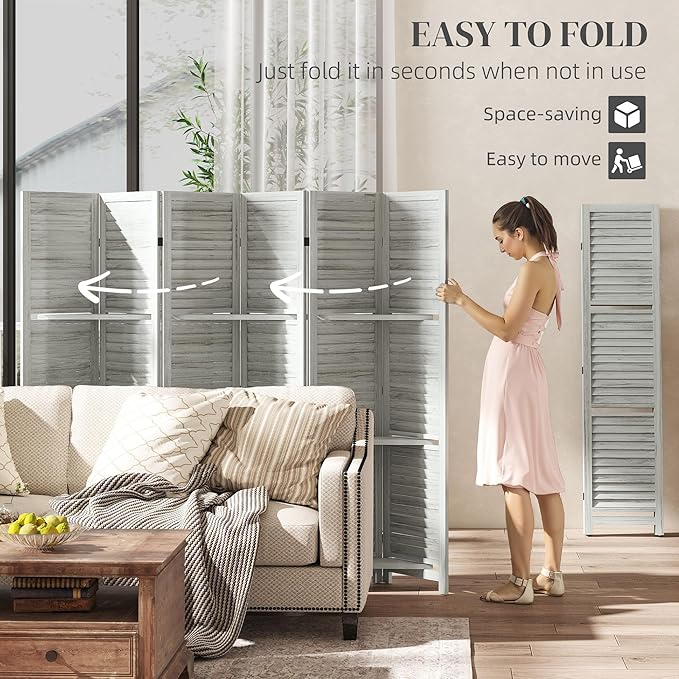 HOMCOM Room Divider, 6 Panel 67" Tall Wood Privacy Screen