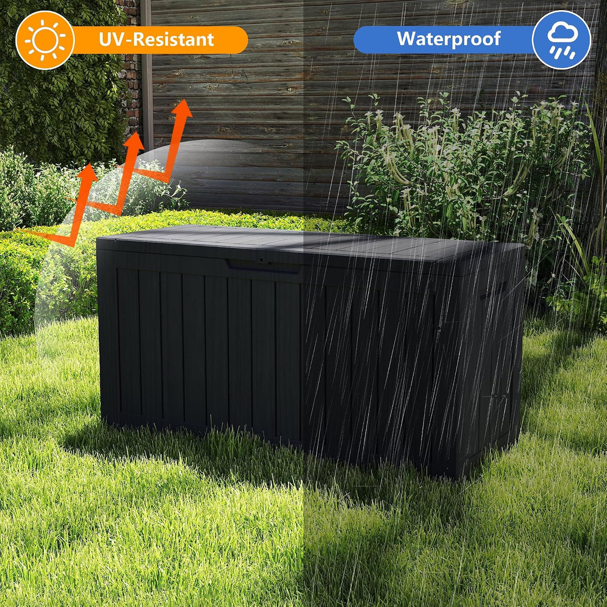 80 gallon deck boxes outdoor waterproof, outdoor storage, close-up detail