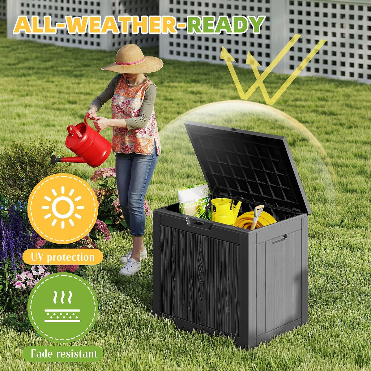 35 gallon outdoor storage box, large resin deck, package contents