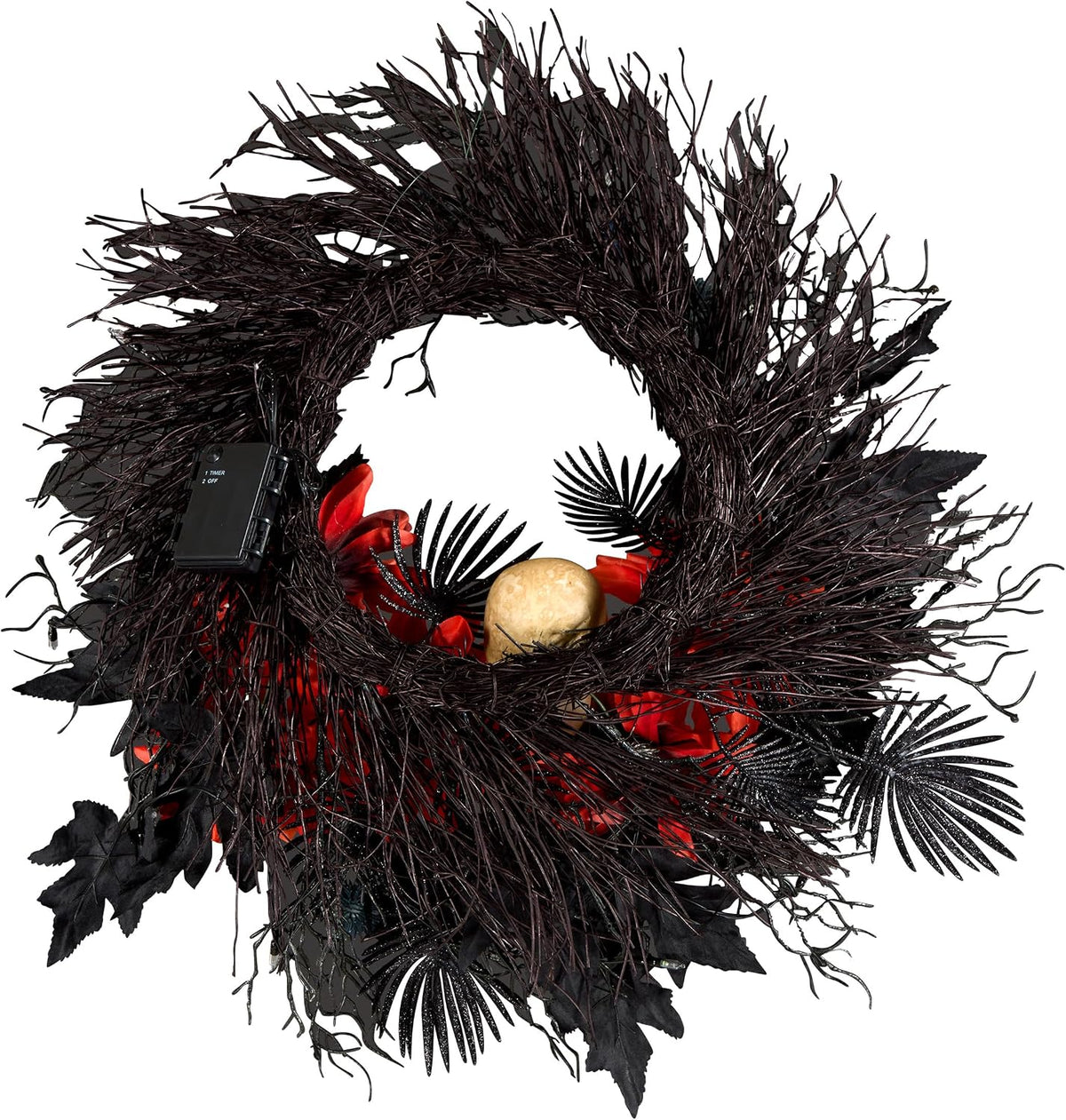 National Tree Company, 24inch Artificial Boo-Tiful Halloween Wreath with Orange Florals and White Skull, 30 Green LED Lights