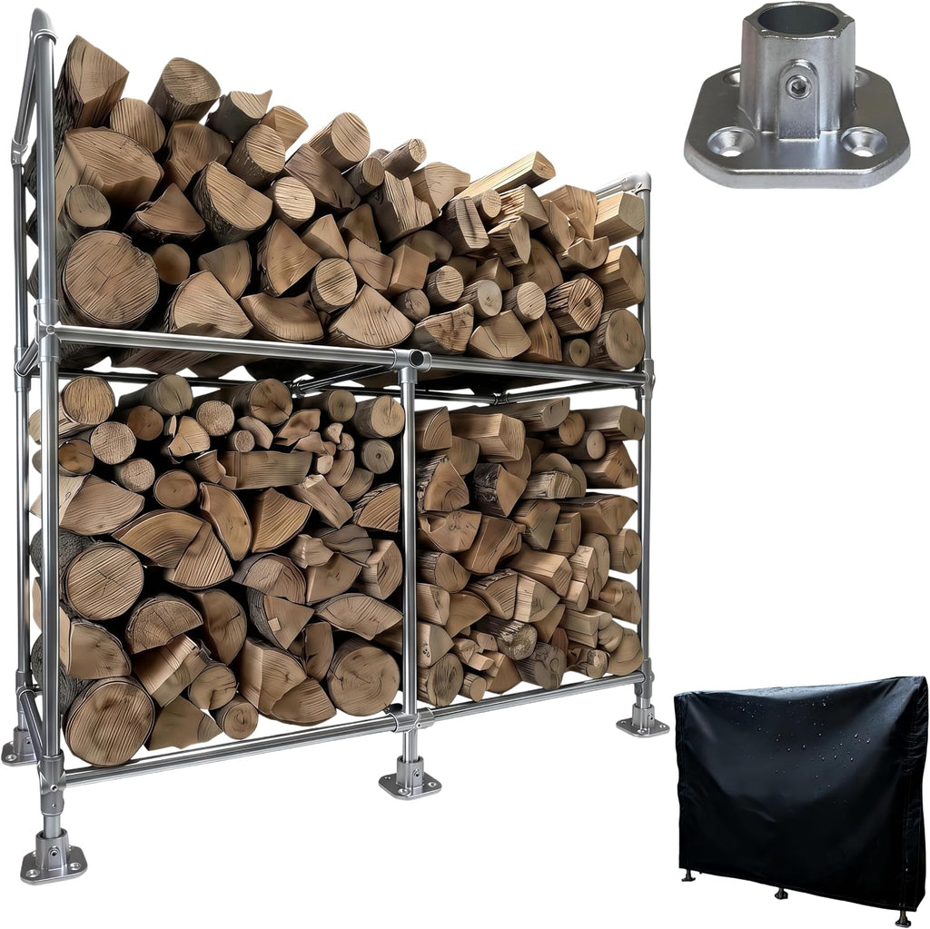 4ft Heavy Duty Firewood Rack Outdoor with Cover,2-Tier,6 Aluminum Base Feet