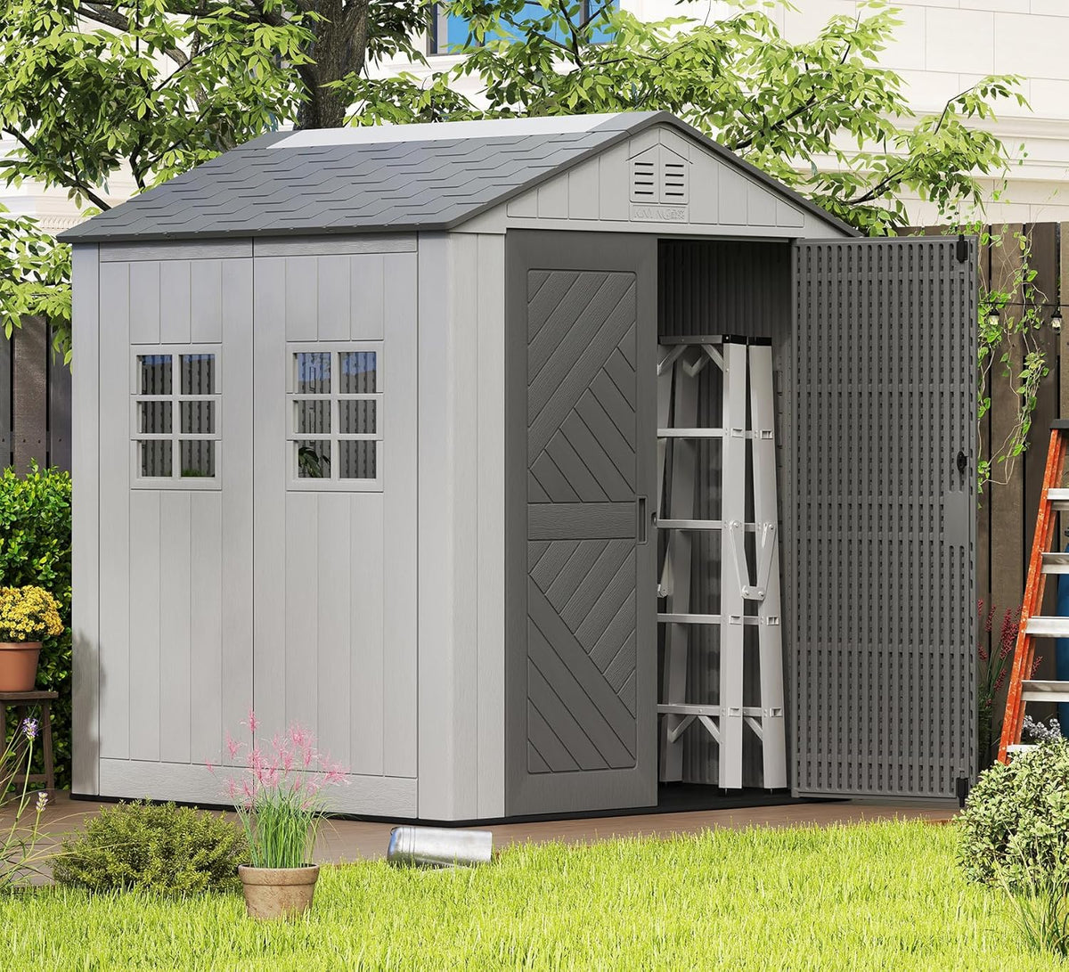 HOMSPARK Outdoor Storage Shed 6x6 Ft, All-Weather Resistant Resin Garden Sheds & Outdoor Storage Clearance with Floor & Windows, Double-Layer Plastic Tool Sheds for Patio, Garden & Lawn (Grey)