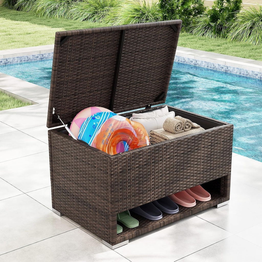 Tangkula 48 Gallon Rattan Outdoor Storage Box with Shoe Rack, Outdoor Storage Bin with Protective Liner, PE Wicker Deck Box for Patio Cushion Furniture, Pool Supplies and Garden Tools (48 Gallon)