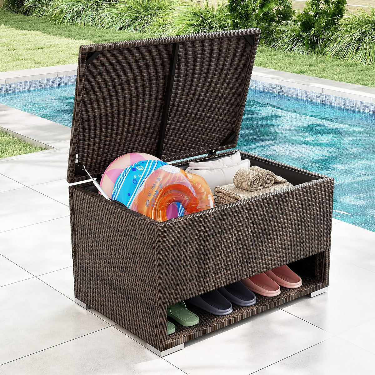 Tangkula 48 Gallon Rattan Outdoor Storage Box with Shoe Rack, Outdoor Storage Bin with Protective Liner, PE Wicker Deck Box for Patio Cushion Furniture, Pool Supplies and Garden Tools (48 Gallon)