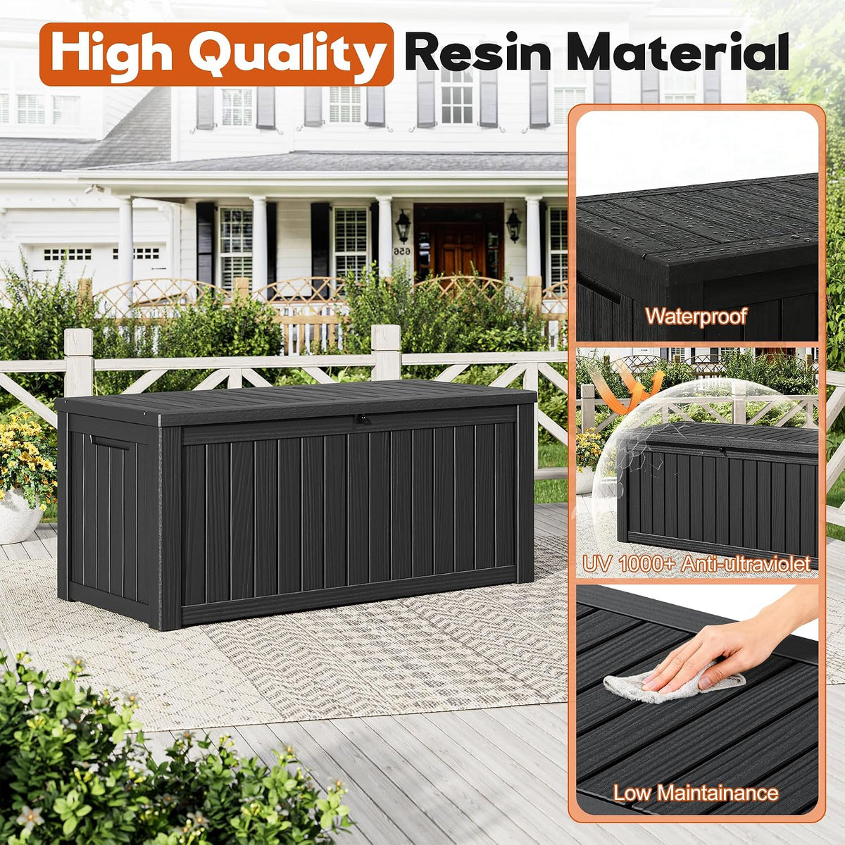 waterproof outdoor storage box, resin patio organizer,300 gal,black, side view