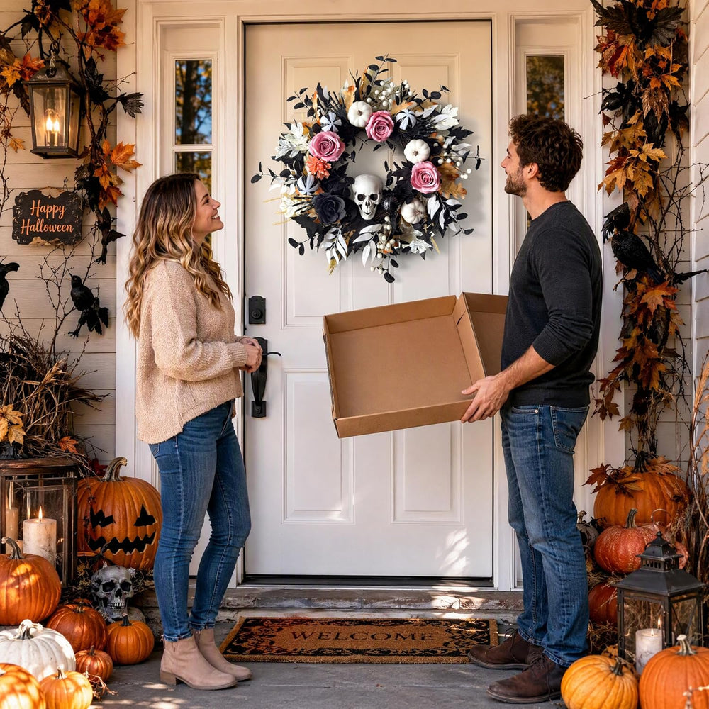 24'' Halloween Wreath for Front Door with Lights, Skeleton Skull