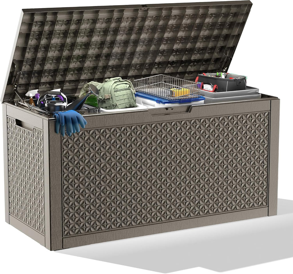 ROJIK 110 Gallon Deck Box Outdoor, Waterproof Outdoor Storage Boxes with Lids, Outside Resin Lockable Storage Box for Patio Cushions, Garden Tools(Grey)