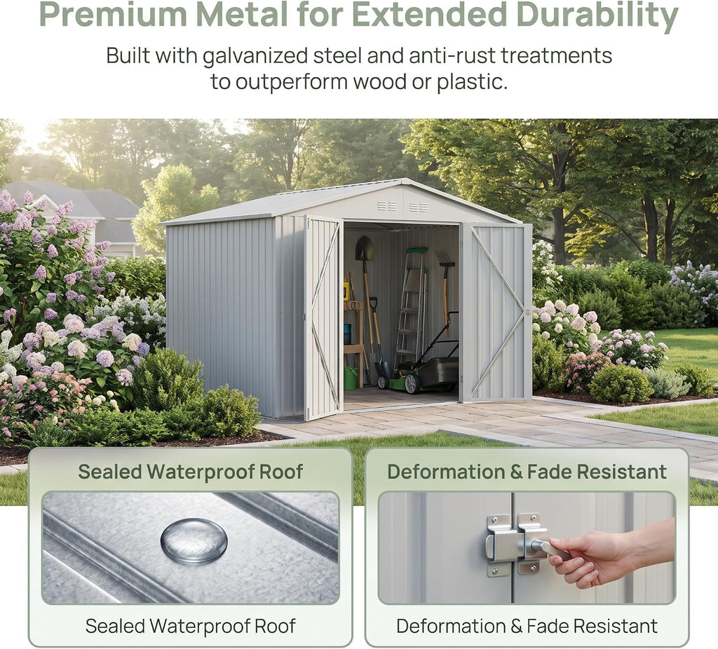 8x6 ft outdoor storage shed, metal garden shed, side view