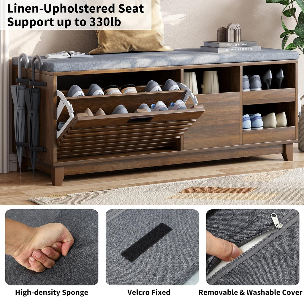 Loomie 47.2" Shoe Storage Bench with Flip Drawer, 2-Tier Entryway Bench