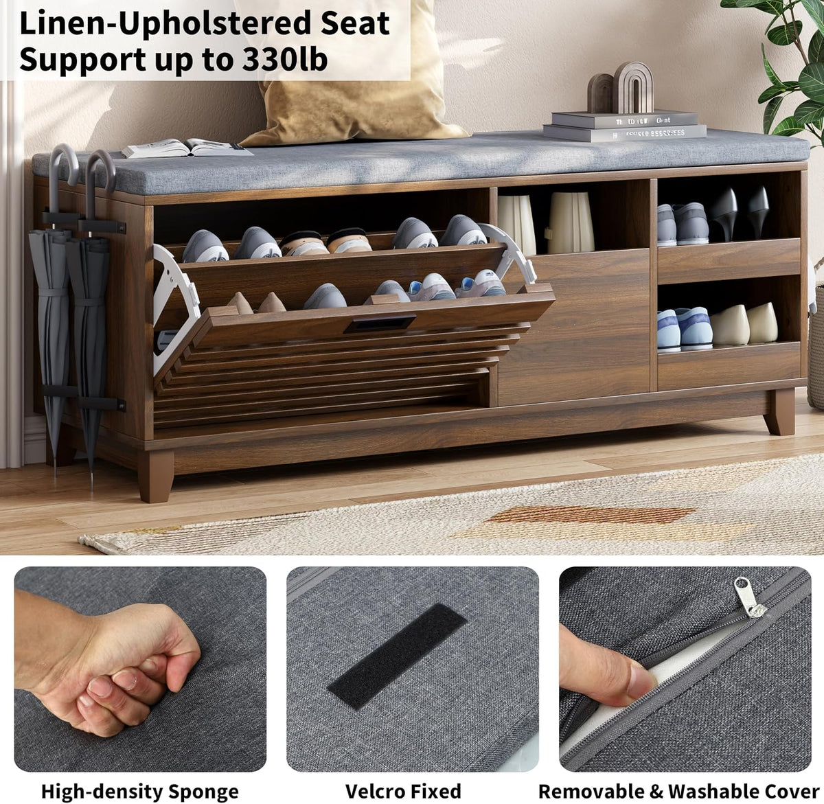 Loomie 47.2" Shoe Storage Bench with Flip Drawer, 2-Tier Entryway Bench