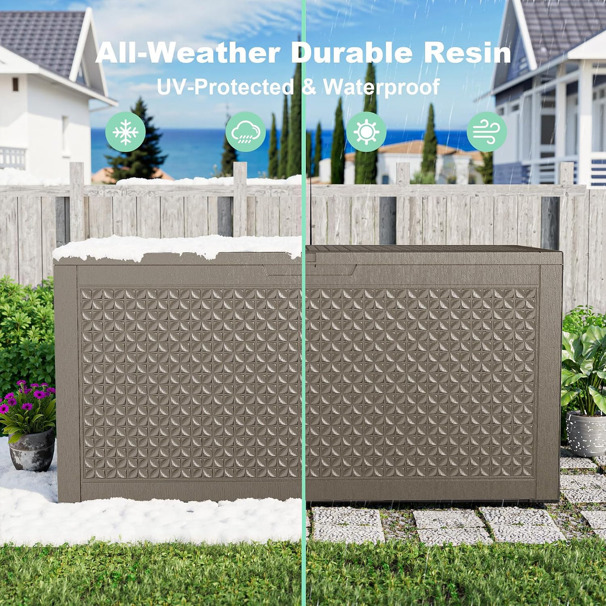 rojik 110 gallon deck box outdoor, waterproof outdoor showing dimensions