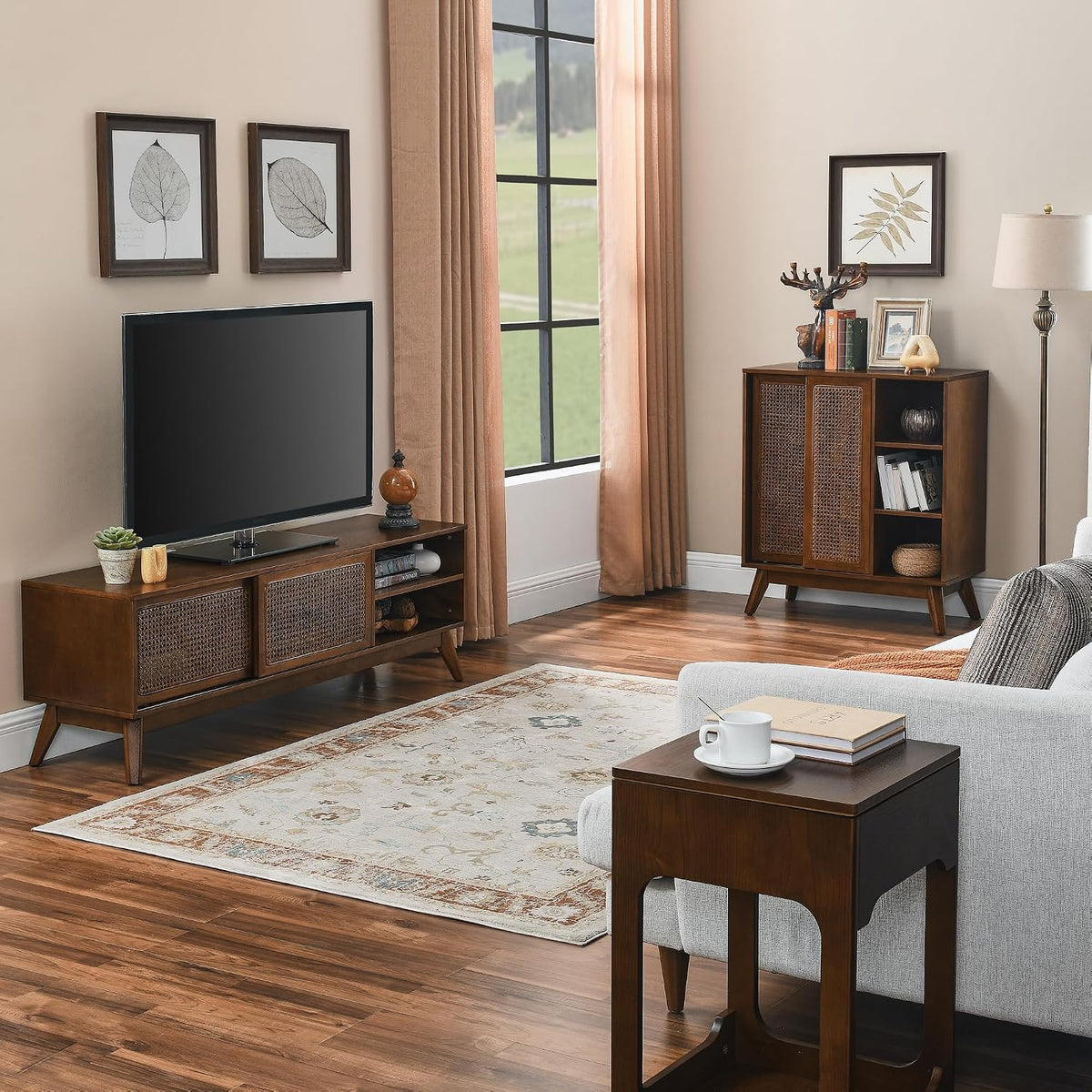 LKTART 59" Rattan Mid Century TV Stand,Entertainment Center,Media Console