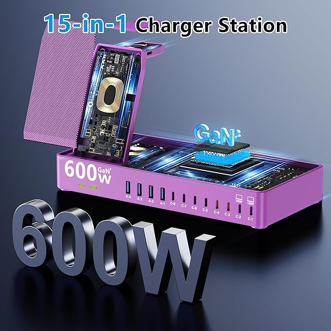 600w Charging Station for Multiple Devices, 15 in 1 Wireless Charger (2pack)