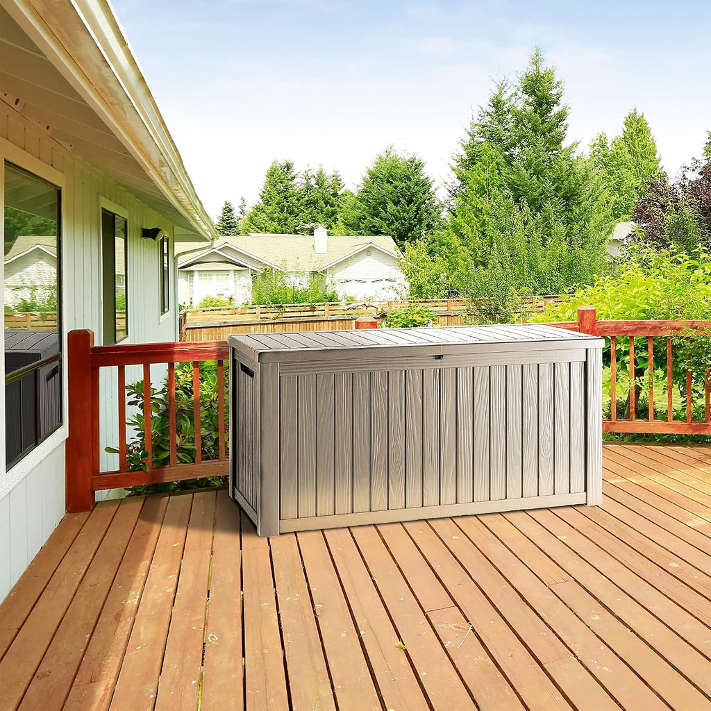outdoor storage box, 270 gallon waterproof deck box, side view