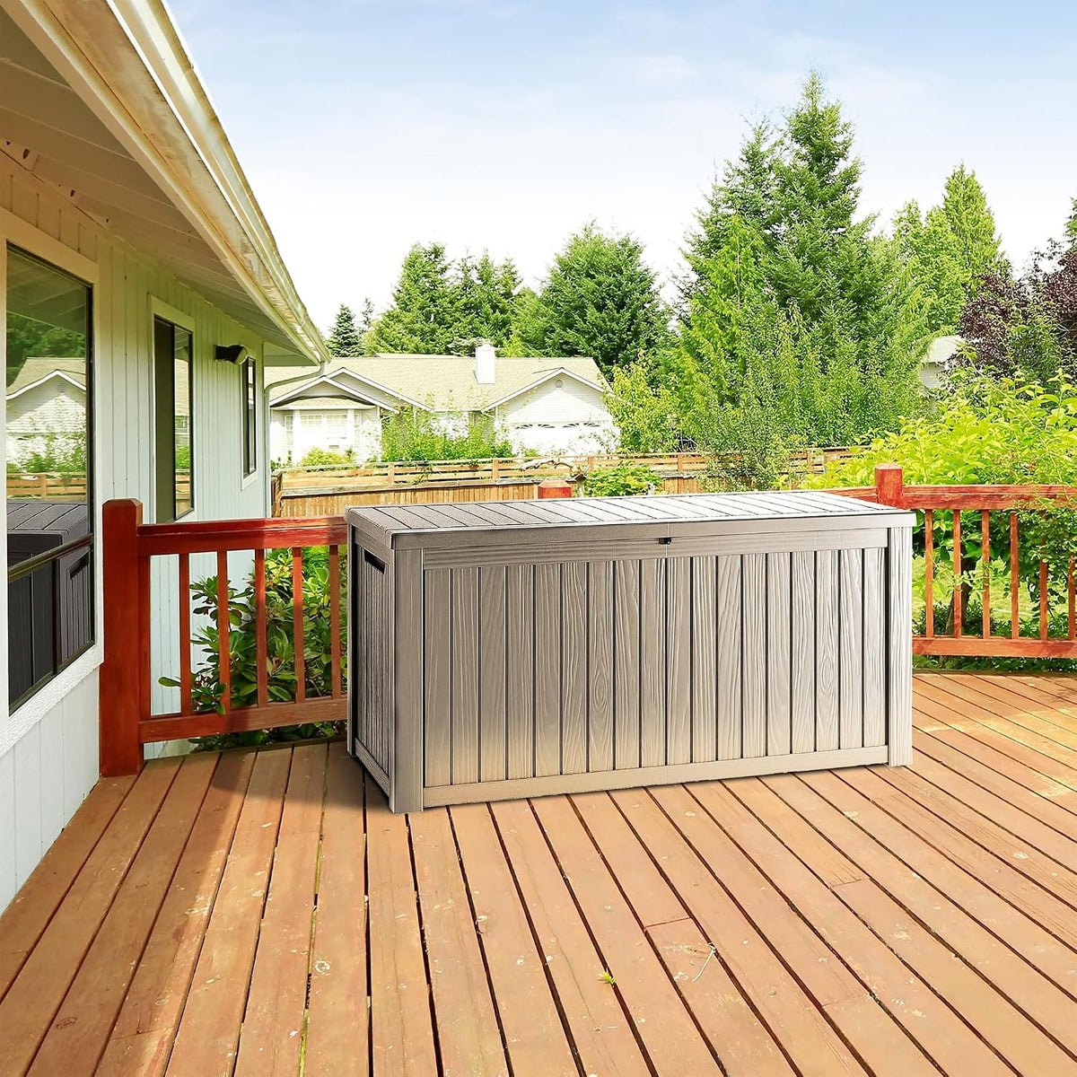 outdoor storage box, 270 gallon waterproof deck box, side view