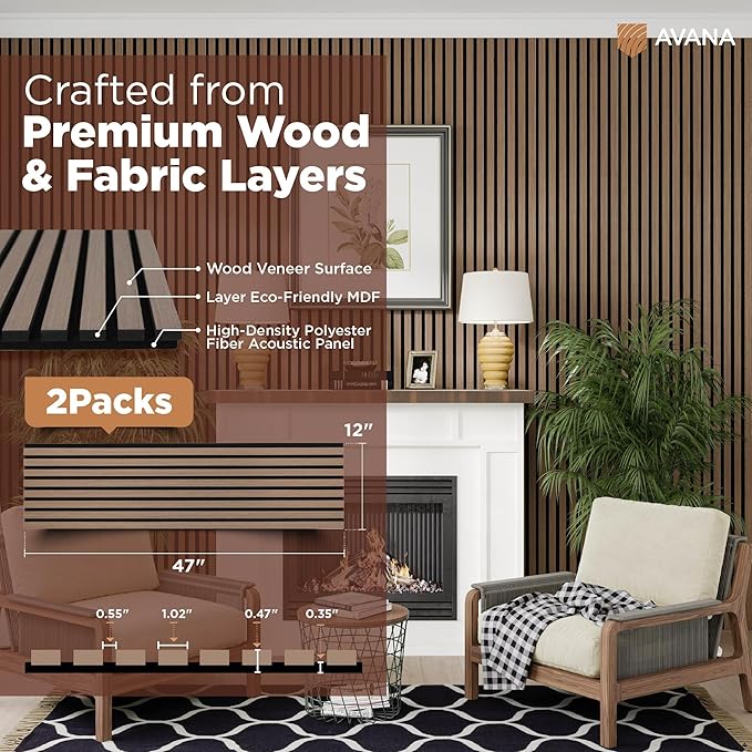 Avana Acoustic Wood Wall Panels – 47.2 X 12.6 Inch Smoke Walnut Acoustic Panels (2 PCs)
