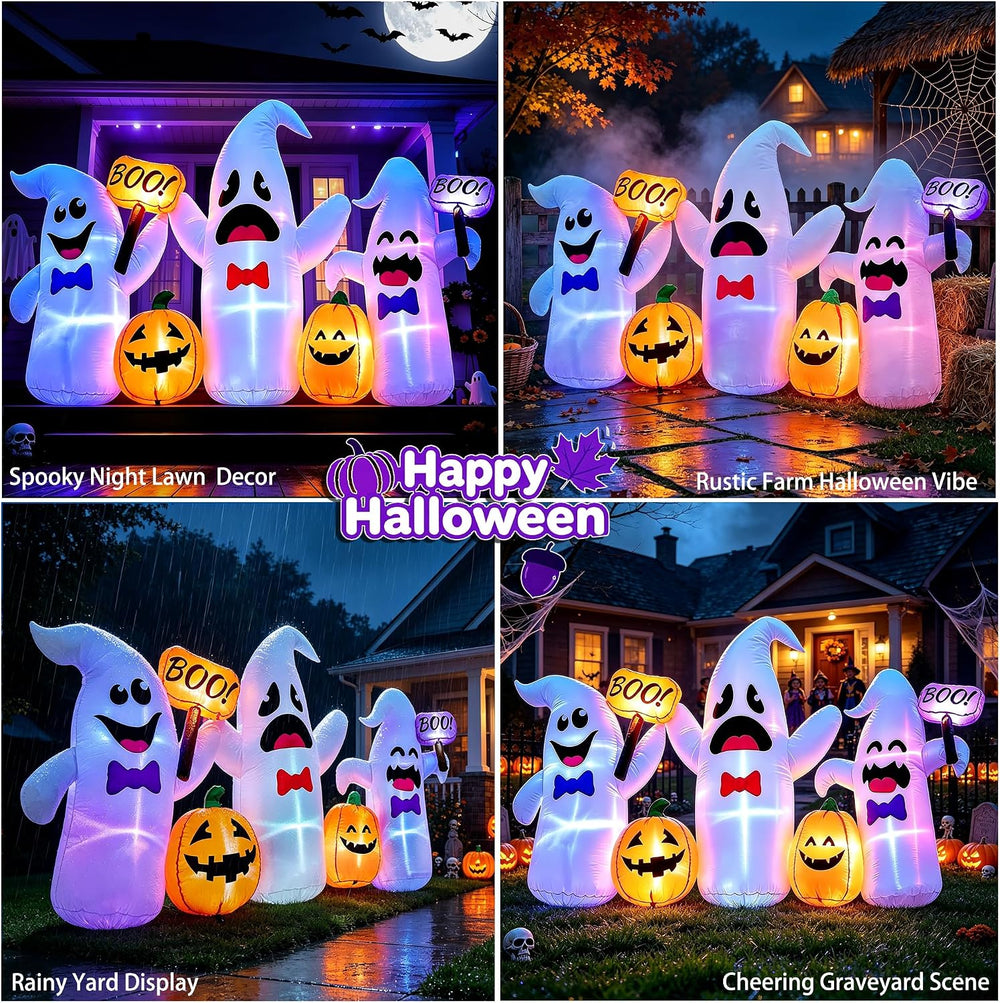 8 Ft Long Halloween Inflatable 3 Ghosts and Pumpkins Decorations Outdoor