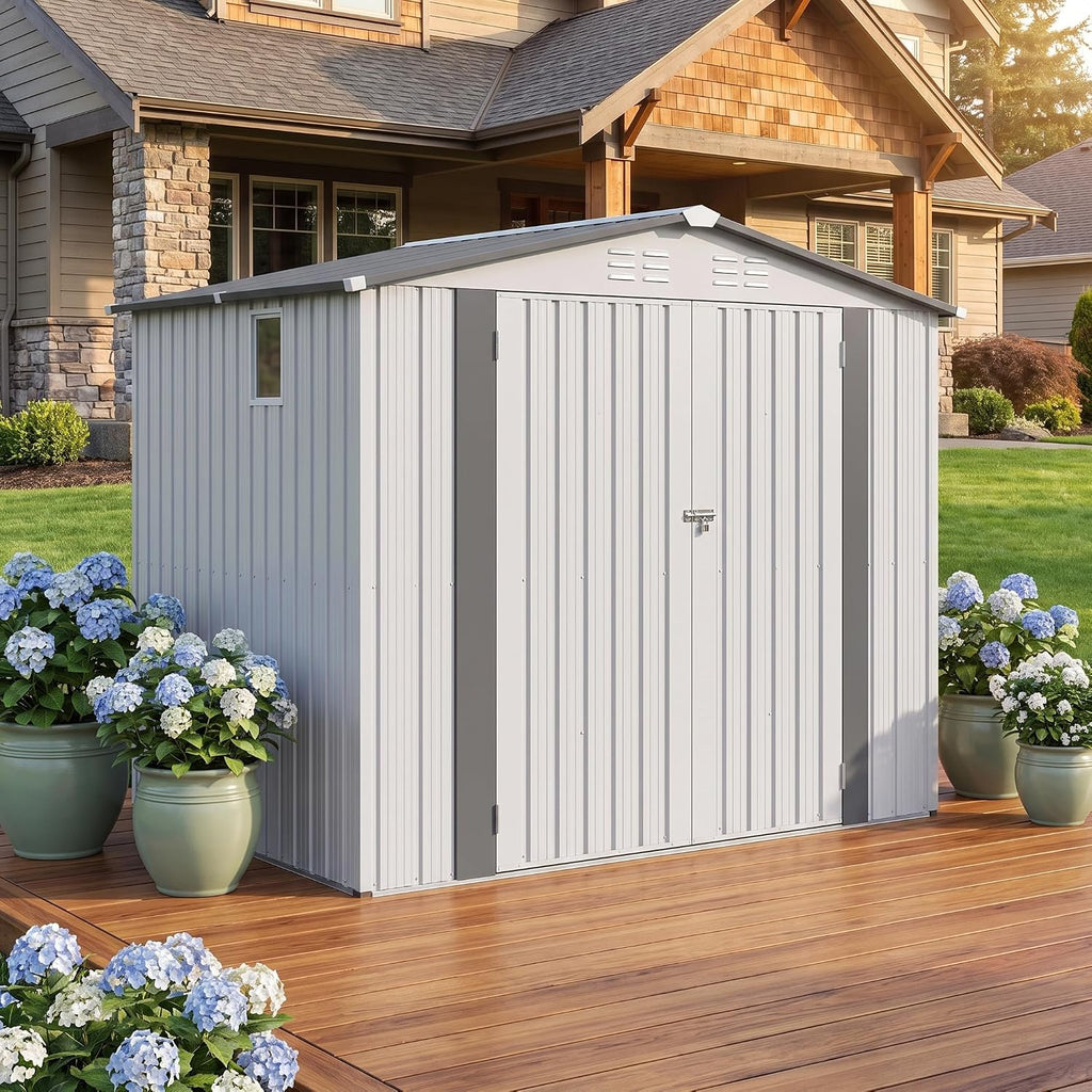 8x6 ft outdoor storage shed, metal garden shed on a desk or shelf