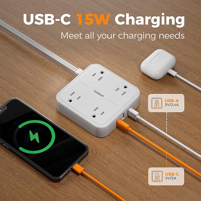 Surge Protector Flat Extension Cord 15Ft, TESSAN Flat Plug Power Strip