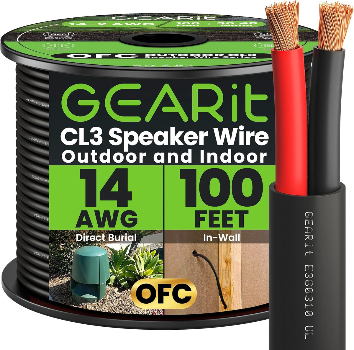 GEARit Outdoor Speaker Wire CL3 Rated, 14 Gauge Speaker Wire, Speaker Cable 100