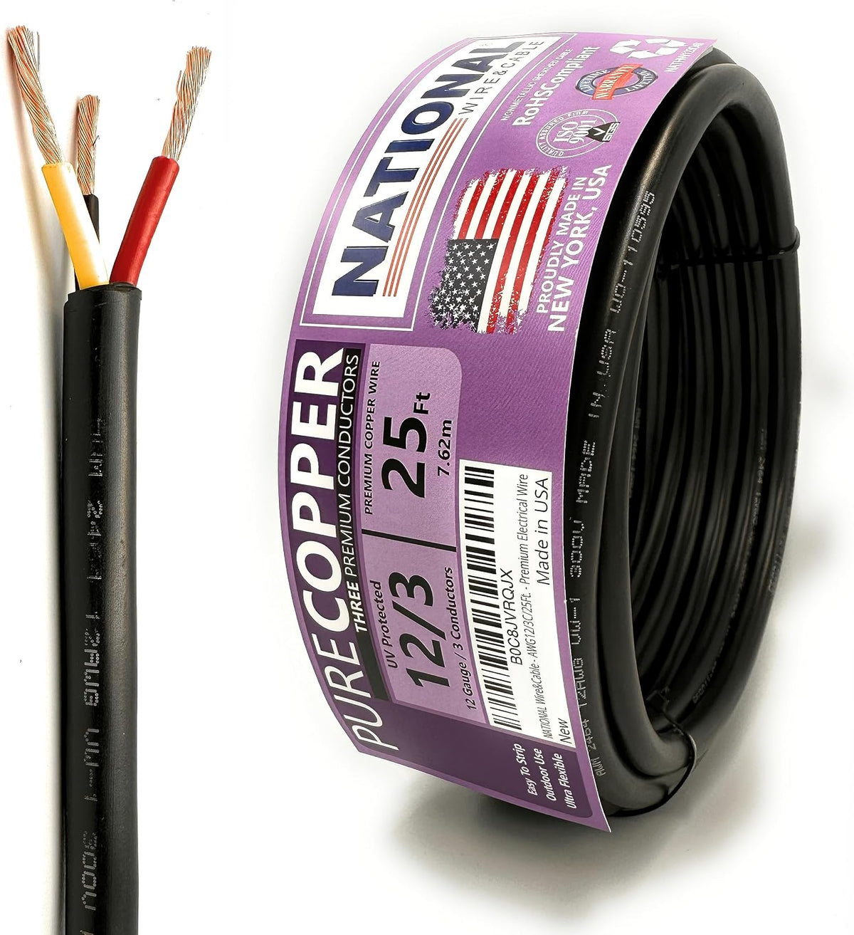 NATIONAL Wire & Cable – 12 AWG 3-Conductor Premium Copper Wire, 25 ft, Stranded