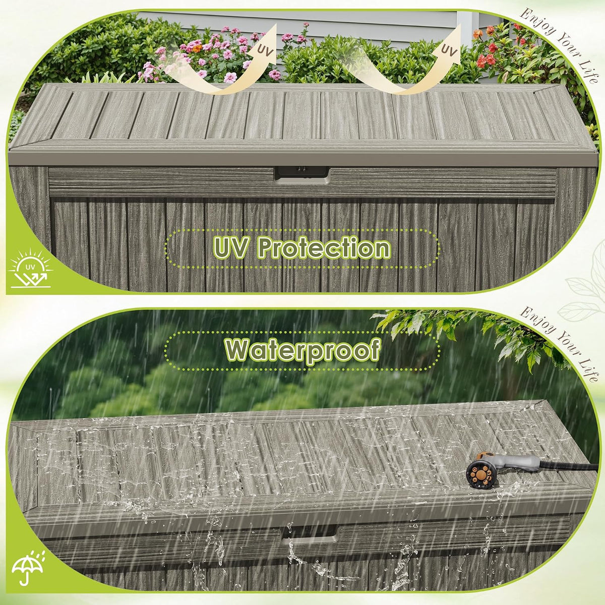 devoko 125 gallon outdoor storage box, waterproof resin showing dimensions
