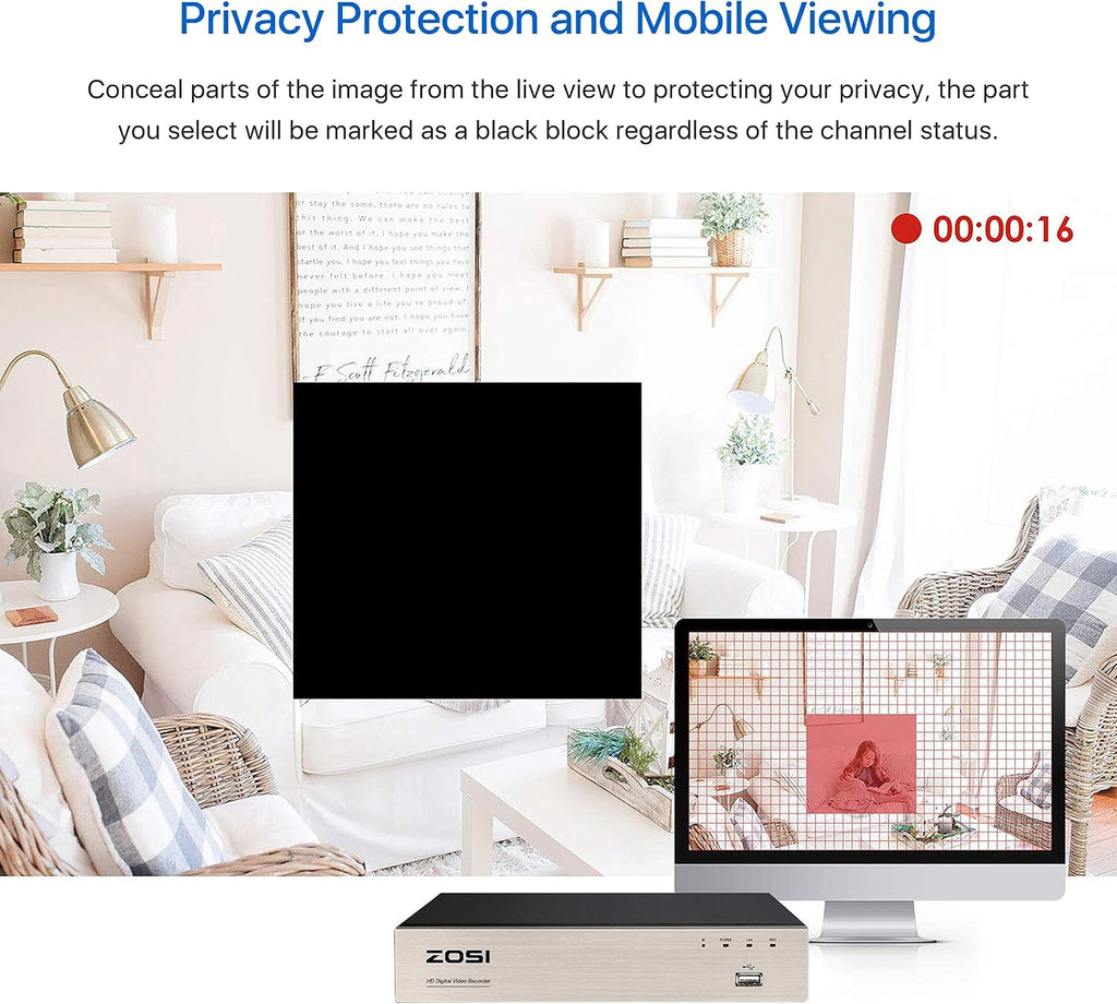 zosi 1080p home security camera system, 4x wired on a desk or shelf